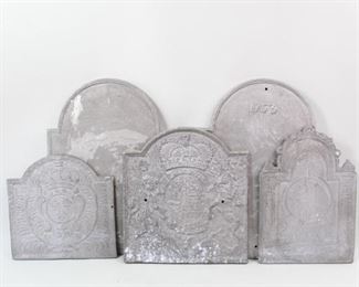 Lot 286: 5 Cast Aluminum Firebacks,French & British Coat of Arms. Handsome group of firebacks are decorated with a French coat of a rms, British coat of arms, a horse, 1763, and one is blank. All of the firebacks in this auction were found locally in a barn; they show good age but we are unsure of their actual manufacture date.
Dimensions range from 18.5 in h x 18.75 in w x .75 in d to  31.5 in h x 21.5 in w x 1 in d. Condition is good with some small spots of surface discoloration throughout. Please call or email for a detailed condition report.