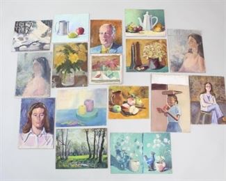 Lot 291: Lot of 16 Paintings,Still Life,Landscapes,Portraits. Large lot of charming paintings; including eight still lives, six portraits and two landscapes. Painted on wood panel or masonite board, all are unframed except one. Great addition to a gallery wall.

Dimensions for the smallest are 10.5 in h x 12.5 in w. Dimensions for the largest are 12 in h x 18.5 in w. Condition is fair to good. Different levels of wear. Some paint loss, discoloration and worn edges. Please call or email for a detailed condition report.