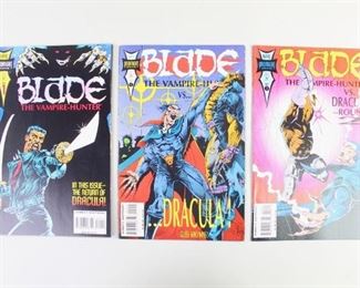 Lot 320: Lot 3 Marvel Blade Midnight Sons Comics Volume 1 Numbers 1-3 c.1994

Titles included:
Blade the Vampire Hunter Vol 1 No 1 July 1994
Blade the Vampire Hunter Vol 1 No 2 August 1994
Blade the Vampire Hunter Vol 1 No 3 September 1994

Condition: very good, with minor wear and creasing, and some creasing to binding. Please note: condition given here describes the overall first impression of this multi-volume lot. Individual comic books are ungraded and have not been thoroughly inspected. Comics may include creases, stains, and other imperfections. Interested bidders are encouraged to personally inspect lots during our preview period or contact Public Sale for a more detailed condition report.