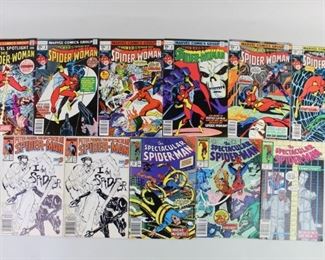 Lot 321: Lot 11 Marvel Comics Spider-Woman No 1 32 Spider-Man Schiele 1977-1989. Includes the original and first appearance of Spider-Woman (Jessica Drew), as well as the first appearance in standalone series. 

Titles included:
Peter Marker, the Spectacular Spider-Man
Vol 1 No 133 1987 x 2 (with Bill Sienkiewicz cover art after Egon Schiele)
The Spectacular Spider-Man
Vol 1 No 146 1989
Vol 1 No 147 1989
Vol 1 No 151 1989

The Spider Woman (Marvel Spotlight On) No 32 1977
The Spider-Woman (To Know Her Is To Fear Her)
Vol 1 Nos 1-5 1978

Condition: very good, with minor surface wear, some creasing and wear to binding and some scribbling in interior pages. Please note: condition given here describes the overall first impression of this multi-volume lot. Individual comic books are ungraded and have not been thoroughly inspected. Comics may include creases, stains, and other imperfections. Interested bidders are encouraged to personally inspect lots during our preview period or contact Pub