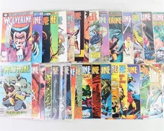 Lot 322: Collection 33 Early Wolverine Marvel Comics 1982-2002. Includes the Wolverine Limited Series #1 - #4 from 1982, the character's first solo appearance in comics. 

Titles included:
Wolverine Limited Series complete set Vol 1 Nos 1-4 Sept-Dec 1982
Wolverine graphic novel by Chris Claremont & Frank Miller 1990, 5th printing
Wolverine Saga Vol 1 No 4 1989, Book 4: The Hero Triumphant by Peter Sanderson
Wolverine Bloodlust by Alan Davis & Paul Neary, 1st printing 1990
Marvel Comics Presents Wolverine Vol 1 No 1 1988
Marvel Comics Presents Wolverine Vol 1 No 3 1988
Wolverine Nos 1, 3, 4, 6, 11, 13, 14 1988
Wolverine Nos 21-23, 25-27,29, 32-34 1990
Wolverine Nos 35, 38, 40-41 1991
Wolverine No 54 1992
Wolverine No 10 2002
The Punisher: War Journals (Guest Starring: Wolverine) Vol 1 Nos 6-7 1989

Condition: good to very good, with surface wear throughout, creases and worn edges and wear to binding, and a few rips. Please note: condition given here describes the overall first impressio