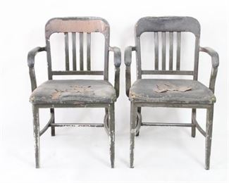 Lot 329: Pair Goodform Industrial Aluminum Arm Chairs. A pair of Good Form arm chairs by The General Fireproofing Co. Made in aluminum and painted dark green with vinyl upholstered seats and arms. Makers mark on the back.

Dimensions are 33.5 in h x 22 in w x 22 in d. Condition is fair/as is. Overall heavy surface wear with significant wear to seats. Paint chipping of metal.  Please call or email for a detailed condition report.
