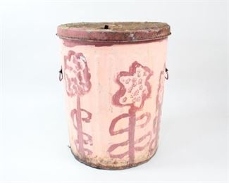 Lot 330: Naive Painted Folk Art Metal Trash Can w/Flowers. Unusual round metal trash container has been painted with red child-like flowers around the outside. Lid has been painted red and has a handle. Green patina from exposure to the elements on the base and lid contrasts nicely with the red and pinkish hues of the paint. Fun trash receptacle for your studio or garden shed.
Dimensions are 26 in h x 21.75 in w x 21.75 in d. Condition is fair with dented lid, dirt throughout, and chipped paint & dents throughout. Please call or email for a detailed condition report.