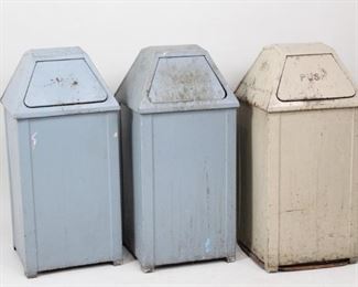 Lot 335: Lot of 3 Industrial United Metal Trash Bins,Blue &Cream. Painted in the unusual colors of light blue & cream, classic trash cans have lids which tilt back to open. Two of the cans have galvanized metal liners. Marked "United Metal Cabinet Corporation/Pottsville PA"
Dimensions are 36 in h x 16.5 in w x 16.75 in d. Condition is fair with surface rust and wear to paint and metal. Please call or email for a detailed condition report.