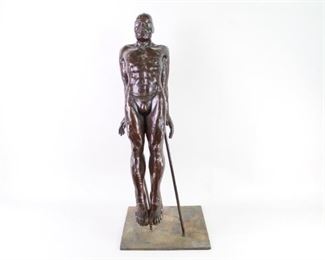 Lot 338: Dark Bronze 30in Diver Swimmer Figure Sculpture with Stand. Figure is depicted with cap, goggles, and suit, in what appears to be a diving pose with arms outstretched behind. Taut muscles are highlighted with a wet-look sheen of what looks like a dark oil-rubbed bronze finish. A slight offset of figure from base, with four angled rods connected to hands, adds visual interest and gives the impression of a gymnast. Rear left leg signed impressed with circular signature of artist Jorge Marin (Mexican, b. 1963).

Dimensions are 29.5 in h x 12 in w x 13 in d. Condition is very good. Please call or email for a detailed condition report.
