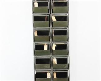 Lot 341: 20 Industrial Stackbin Stacking Hardware Store Bins 1/2. Painted army green, stacking and interlocking bins have open fronts and handles on the back. Marked Stackrack, Pawtucket RI. Plentiful storage for retail, shop or studio.
Dimensions of each bin are 8.5 in h x 10.5 in w x 19 in d. Condition is good with wear to the metal and dust. Please call or email for a detailed condition report.