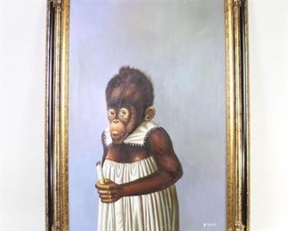 Lot 350: Large Painting of Clothed Baby Orangutan w Cigarette. This striking painting depicts what appears to be a baby orangutan, or possibly another species of primate, wearing human clothing and holding a large cigarette. Signed "F. Smith" and done in imitation of a lithograph by Donald Roller Wilson, whose vividly detail portraits in a dark-hued palette, referencing 16th-century Dutch painters, included characters like "Cookie the Baby Orangutan." Framed in an ornately carved black and gilt painted wood frame.

Dimensions are 42.75 in h x 30.5 in w x 1.75 in d. Condition is very good, with minor wear and a few small chips to frame. Please call or email for a detailed condition report.