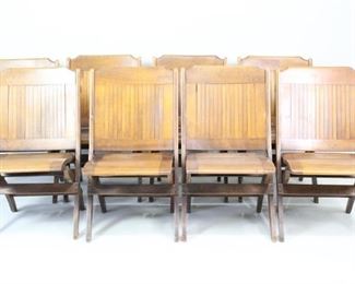 Lot 371: Set of eight folding chairs with framed, slatted seats and backs and lovely curved legs. Great set for the patio or garden or when an extra seat is needed.

Dimensions are 33 in h x 16 in seat h x 19 in w x 21 in d. Condition is good with wear throughout. Please call or email for a detailed condition report.