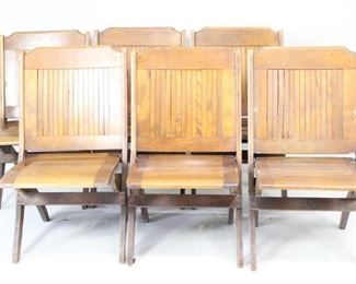 Lot 372: Set of six folding chairs with framed slatted seats and backs, and lovely curved legs. Great set for the patio or garden or when an extra seat is needed.

Dimensions are 33 in h x 16 in seat h x 19 in w x 21 in d. Condition is good with wear throughout, scratches, stains and some slats bumped. Please call or email for a detailed condition report.