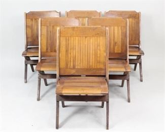 Lot 373: Set of six folding chairs with framed slatted seats and backs, and lovely curved legs. Great set for the patio or garden or when an extra seat is needed.

Dimensions are 33 in h x 16 in seat h x 19 in w x 21 in d. Condition is good with wear throughout, scratches, stains and some slats bumped. Please call or email for a detailed condition report.
