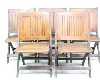 Lot 374: Set of 5 Antique Slatted Wooden Folding Chairs,Wedding. A set of five, sturdy folding chairs with a beautiful curved seat and legs. The seats and backs are slatted and the frame has carved decorative lines. Iron hardware and hinges. Excellent garden and patio chairs, or a few extra seats for entertaining.

Dimensions are 33 in h x 16 in seat h x 19 in w x 19 in d. Condition is good. Wear and scratches to wood. Rust on hardware. Please call or email for a detailed condition report.
