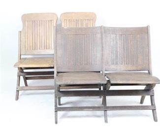 Lot 375: Pair Wood 2 Seat Folding Chairs Benches,Garden Wedding.  Pair of 2 seated folding chairs have framed slatted backs and seats, and curved legs. One is dark wood, the other is lighter. Wonderful extra seating for an outdoor venue. There is another pair of double folding chairs in this auction, if you would like more.
Dimensions are 35 in h x 37 in w x 21 in d. Seat height is 17 in h. Condition is good with some wear to wood & hardware. Please call or email for a detailed condition report.