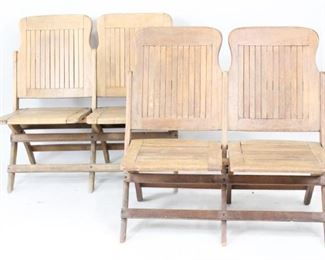 Lot 376: Pair Wood 2 Seat Folding Chairs Benches,Garden Wedding. Matching pair of 2 seated folding chairs have framed slatted backs and seats, and curved legs. Wonderful extra seating for an outdoor venue. There is another pair of double folding chairs in this auction, if you would like more.
Dimensions are 35 in h x 37 in w x 21 in d. Seat height is 17 in h. Condition is good with some wear to wood & hardware. Please call or email for a detailed condition report.