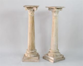 Lot 400: 2 Architectural Wood Display Columns,Plant Stands (2/2). Pair of carved Neo classical columns with Corinthian style capitals and floral motif. Excellent as display pedestals or plant stands. Acquired in the 1990s, Philippines. Another pair of same the style columns are featured in this auction. From the collection of Barbara Porter & Robert Wincuinas.

Dimensions are 46 in h x 14 in w x 14 in d. Condition is fair to good. Surface wear, discoloration and cracks throughout. Please call or email for a detailed condition report.