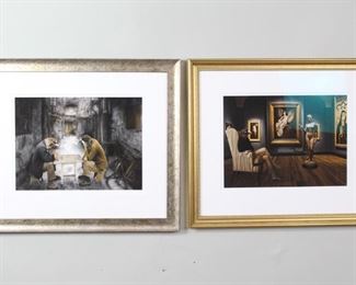 Lot 403: Pair of John Charbonneau Photographic Artworks,Signed. Two signed and numbered digital, photographic art works by New Mexico artist John Charbonneau. The anthropomorphic motifs includes a scene with two bird-headed men playing checkers in an alley, and the other, a seated bird-headed figure contemplating works of art in a museum setting. Both are from a 250 limited edition series, printed on fine paper and signed in the lower right corner. Framed in silver and gold toned wooden frames.

Dimensions are 23 in h x 27.25 in w x 1 in d. Dimensions are 22.5 in h x 27 in w x 1.5 in d. Condition is very good. Some wear to frames. Please call or email for a detailed condition report.