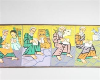 Lot 407: Large Framed Coptic St. Mark Painting,Ethiopia Folk Art. Divided into 4 scenes, saints (possibly St. Mark) are visited by an angel, a lion, a a bull and a bird. Painting is on canvas and has a very simple frame of wood. Acquired in Ethiopia. From the collection of Barbara Porter & Robert Wincuinas.

Dimensions are 25 in h x 67.5 in w. Condition is good with wear at the corners. Please call or email for a detailed condition report.