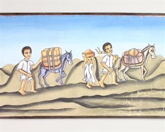 Lot 408: Ethiopian Folk Art Coptic Painting,Wheat Production 1/5. The first of 5 paintings which detail the steps of wheat production. Each is painted on canvas in vibrant colors, with black outlining and framed with simple wooden strips. Acquired in Ethiopia in 1977. From the collection of Barbara Porter & Robert Wincuinas.
Dimensions are 35 in h x 51 in w. Condition is good with some scrapes & paint loss. Please call or email for a detailed condition report.