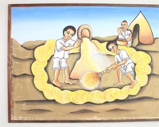 Lot 410: Ethiopian Folk Art Coptic Painting,Wheat Production 3/5. The third of 5 paintings which detail the steps of wheat production. Each is painted on canvas in vibrant colors, with black outlining and framed with simple wooden strips. Acquired in Ethiopia in 1977. From the collection of Barbara Porter & Robert Wincuinas.
Dimensions are 36 in h x 47 in w. Condition is good with some scrapes & paint loss. Please call or email for a detailed condition report.