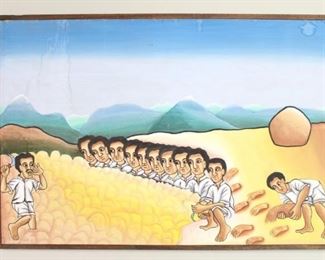 Lot 411: Ethiopian Folk Art Coptic Painting,Wheat Production 4/5. The fourth of 5 paintings which detail the steps of wheat production. Each is painted on canvas in vibrant colors, with black outlining and framed with simple wooden strips. Acquired in Ethiopia in 1977. From the collection of Barbara Porter & Robert Wincuinas.
Dimensions are 38 in h x 34 in w. Condition is good with some scrapes & paint loss and water stains. Please call or email for a detailed condition report.