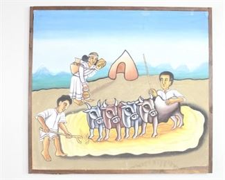 Lot 412: Ethiopian Folk Art Coptic Painting,Wheat Production 5/5. The first of 5 paintings which detail the steps of wheat production. Each is painted on canvas in vibrant colors, with black outlining and framed with simple wooden strips. Acquired in Ethiopia in 1977. From the collection of Barbara Porter & Robert Wincuinas.
Dimensions are 36 in h x 61 in w. Condition is good with some scrapes & paint loss and water stains. Please call or email for a detailed condition report.