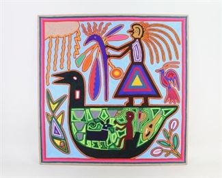 Lot 413: Huichol Yarn Art Work Painting, Jalisco,Nayarit Mexico. A brightly colored yarn art work by the Huichol people of Northern Jalisco and Nayarit, Mexico. Known for their yarn painting since the 1960s. Depicting a goddess and several animals in a ceremonial ritual. Yarn applied to plywood board. Text written on the back. Acquired in the 1970s. From the collection of Barbara Porter & Robert Wincuinas.

Dimensions are 32 in h x 31 in w x 0.25 in d. Condition is very good to excellent. Kept wrapped since acquisition. Small spot towards top and two small dents to yarn on upper right. Please call or email for a detailed condition report. 