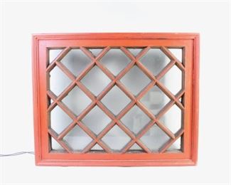 Lot 420: Architectural Tudor Style Framed Diamond Window w/Light. A framed window with diamond lattice pattern. Painted in a wonderful red on the exterior and black on the interior. Has a light affixed at the top interior turning it into a decorative light box.

Dimensions are 31 in h x 25 in w x 5 in d. Condition is very good. Surface wear, worn edges and minor paint loss throughout. Please call or email for a detailed condition report.