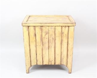 Lot 423: Primitive Folk Art Tall Wooden Storage Pantry Chest. A tall wooden chest with a simple lid, painted in a now fading yellow. Raised off the floor with arched legs. An excellent storage unit that could be used as a laundry hamper, for pantry storage or perhaps to store kindling wood.

Dimensions are 31.25 in h x 28.25 in w x 19 in d. Condition is good to very good. Surface wear and paint loss throughout. Please call or email for a detailed condition report.