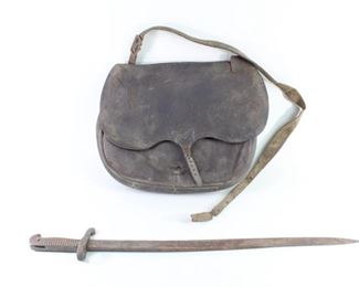 Lot 431: Civil War Era Leather Messenger Bag & PS Justice Sword. Antique messenger bag is made of dark brown leather, has decorative stitching on the bottom; strap is broken and front fastener is missing. Zoave bayonet is marked "P.S. Justice/Philad/a" and is made of steel and brass.
Dimensions of the sword/bayonet are 26.5 in h x 3.5 in w x 1.25 in d. The bag is 12 in h x 15.5 in w x 4 in d. Condition is good to fair with sword having wear and rust throughout, and heavy wear to the bag, with broken strap, missing fastener and musty odor. Please call or email for a detailed condition report.