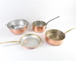 Lot 434: 4 Copper Pots Pans & Bowl Brass Handles Italy France. Two pots, one pan, and one bowl, most with long, slender handles made of brass. One pot marked "Fabrication Francaise" and other pot and pan marked "ITALY". Bowl is unmarked. Attractive grouping worthy of display in a kitchen.

Dimensions of pan are 2.5 in h x 8.75 in w x 17.5 in d, with handle. Bowl is 5 in h x 10.25 in w x 11.5 in d. Condition is good, with significant inner wear, some outer wear, and bits of patina, spots, and scuffs throughout. Please call or email for a detailed condition report.