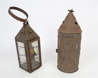 Lot 441: Pair of primitive antique punched tin candle lanterns. These lovely lanterns will cast beautiful shadows with a candle inside. They both have loops on top so they can be hung up. They are perfect rustic decor.

The dimensions are around 16in x 6in x 6in. They are in fair condition- very rusted but intact. There are some minor dents throughout. Please call or email for a detailed condition report.