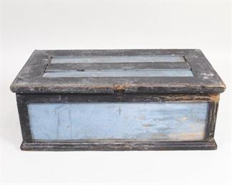 Lot 448: Wooden Painted Primitive Folk Art Tool Box,Chest,Trunk. Wonderful black and light blue painted wooden tool box. The interior is painted in a light gray and has a movable top compartment for smaller items and a lower compartments for larger tools. 

Dimensions are 10.75 in h x 29 in w x 14.75 in d. Condition is good. Please call or email for a detailed condition report.