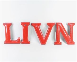 Lot 451: 4 Red Industrial Enamel Shop Sign Letters,Retail Store. Four letters in red metal enamel. Letters L,I,V and N. All with mounting hardware screws on the back. Great addition to a shop sign or as decorative objects.

Dimensions for "I" are 12 in h x 5 in w x 2 in d. Dimensions for "N" are 12 in h x 11.5 in w x 2 in d. Condition is good. Surface wear and rust. Some worn spots throughout. Please call or email for a detailed condition report.