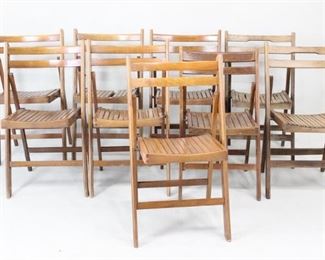 Lot 450: Set of nine folding chairs with framed, slatted seats and backs with 2 cross rails. Seven are matching, 2 are not and have a notch cut into the lower cross rail. Great set for the patio or garden or when an extra seat is needed.

Dimensions are 33 in h x 19 in seat h x 18 in w x 19.5 in d. Condition is good with wear throughout and some slats missing. Please call or email for a detailed condition report.