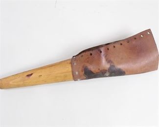 Lot 452: Antique Wood & Leather Amputee Prosthetic Peg Leg. A 19th century or earlier prosthetic peg leg made in turned wood with a leather top. The leather is affixed to the wood with sturdy nails and the leather is pierced through on both sides for straps.

Dimensions are 34 in h x 6 in w x 9 in d. Condition is good. Fair. Heavy discoloration/stains on leather. Scuff marks and wear to wood. Please call or email for a detailed condition report.