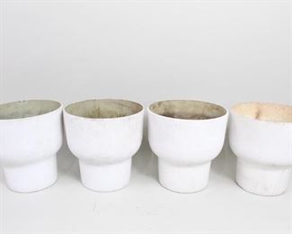 Lot 465: Set of 4 Mid-Century Modern Fesco Plastic Planter Pots. Set of four large architectural planters by Fesco USA. Same model on all four with a nice curved design. Bottoms all have drainage holes. Beautiful set for a patio or add trays and use them indoors.

Dimensions are 16 in h x 16 in w x 16 in d. Condition is fair. Discoloration and stains. Please call or email for a detailed condition report.