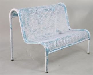 Lot 475: Modern White & Blue Painted Metal Outdoor Garden Bench. An outdoor bench with a frame made of bent metal tube and seat and back in perforated metal sheet. White painted over light blue.

Dimensions are 34.25 in h x 47.75 in w x 31 in d. Condition is good. Paint chipping throughout. Some rust to feet. Please call or email for a detailed condition report.