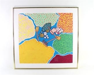 Lot 482: Surreal Modern Painting Japanese Tea Set & Farm Tools. Very colorful painting depicts a tea set and traditional gardening tools, surrounding by sections of brightly colored patterns. Possibly shows influence of Japanese styles as well as Australian Aboriginal art. Well framed in brass toned metal and ready to hang.
Dimensions are 25.75 in h x 27 in w x 1.25 in d. Condition is very good with some light surface wear to the frame. Please call or email for a detailed condition report.