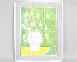 Lot 484: Harris Strong Modern Ceramic Tile Wall Art,Crazy Daisy. Twelve tile artwork by Harris Strong features an abstracted floral still life in spring colors of green, yellow & white, and has a cloth mat border and white wooden frame. Titled on the back, Crazy Daisy, with a Harris Strong, Ellsworth ME label.
Dimensions are 31 in h x 24.75 in w x 1.75 in d. Condition is good though the corners of the frame are a little loose. Please call or email for a detailed condition report.
