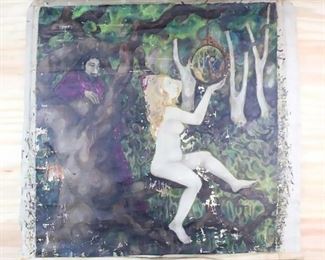Lot 486: Large Painting on canvas of Man Discovering Nude Woman in Forest. A nude woman gazes into a handheld mirror which reveals a man behind her, who she seems pleased to see. No signature. Canvas has been removed from stretchers. 
 
Dimensions are 41 in h x 40 in w x .1 in d. Condition is fair with paint loss throughout. Please call or email for a detailed condition report. 
