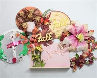 Lot 492: Lot Rossbach Seasonal Store Display Advertisement Signs. Lot of store displays and decor for spring, fall and Christmas winter holidays for Rossbach department store. Displays comes spring flowers, wreaths and metallic holly leafs. Comes with its original shipping box.

Dimensions for smallest are 14 in h x 25 in w. Dimensions are 18 in h x 28 in w. Condition is fair to good. Some minor sun damage and discolorations. Damage to dried leaves on fall display. Please call or email for a detailed condition report.