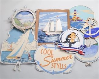 Lot 493: 8 Nautical Sailing Themed Advertisement Signs,1950s. A fantastic lot of three dimensional signs, all with nautical themes in nostalgic 1950s design. Great details such as rope frames and raised lettering. Great to use as decor in a retail shop or at home.

Dimensions for smallest are 19.5 in h x 17.5 in w x 1 in d. Dimensions for largest are 32 in h x 28 in w x 2 in d. Condition is good. Some surface wear, discoloration and worn edges. Please call or email for a detailed condition report.