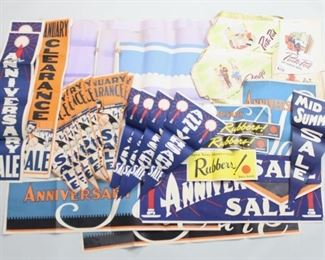 Lot 494: 50 Shoe Store Advertising Sign Poster,Banners,Flyers. 1950s retail store sale posters and banners. Great graphic design, advertising for various sales and clearances. Also including posters for Portage shoes. Fantastic to frame or use in a retail store.

Dimensions are 3.5 in h x 17 in w. Dimensions are 21 in h x 43 in w. Condition is good. Some are water damaged, discolored or yellowing. Some tears. Please call or email for a detailed condition report.