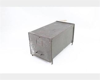 Lot 360: Industrial Filing Cabinet w/Architectural Blueprints. An interesting lot consisting of a dark green metal filing cabinet filled with mechanical engineering blueprints. The cabinet is a single drawer unit standing on short feet with "Transfer File The General Fireproofing Co Youngstown Ohio" imprinted on the drawer front. One of the blueprints is for a turbine, dated to 1945 and marked "Wyandotte Worsted Co Pittsfield Massachusetts." Dimensions are 14 in h x 13 in w x 26 in d. Condition is fair. Integrity of cabinet is sound. Surface wear throughout. Lock is broken off. Some blueprints worn and torn. Please call or email for a detailed condition report.