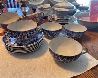 Vintage Nippon  Phoenix bluebird blue and white cups and saucers. 10 pieces