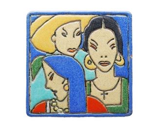Harding Black (1912-2004), Three women tile, 1944. glazed ceramic; harding red iron clay. size: 6 x 6".