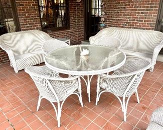 $900 Lloyd Loom Patio Table and 4 Barrel Chairs by Lloyd Flanders, Tempered Glass, All Weather, Made in USE, You Move, Measures: Table: 55x29, Chairs: 27x24x32