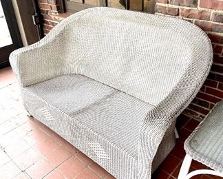 $500 Lloyd Loom Wicker Couch by Lloyd Flounders 3 Cushion Couch, All Weather for easy Cleaning, Made in USA, Measures: 54x32x34                                                                  $100 Glass Top Side Table LF All Weather Made in USA Measures: 21x21x20 