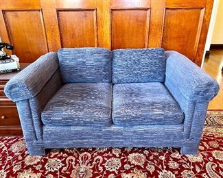 SOLD - $150 Blue with Coral undertones Custom Loveseat Comfortable and in great shape Measures: 60x38x29