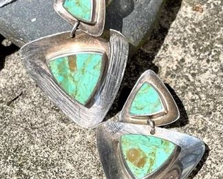 SOLD - $60; Sterling silver and turquoise drop pierced earrings; approx 2” long