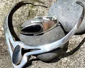 SOLD - $150; set of collar necklace and bracelet of sterling silver and black stone
